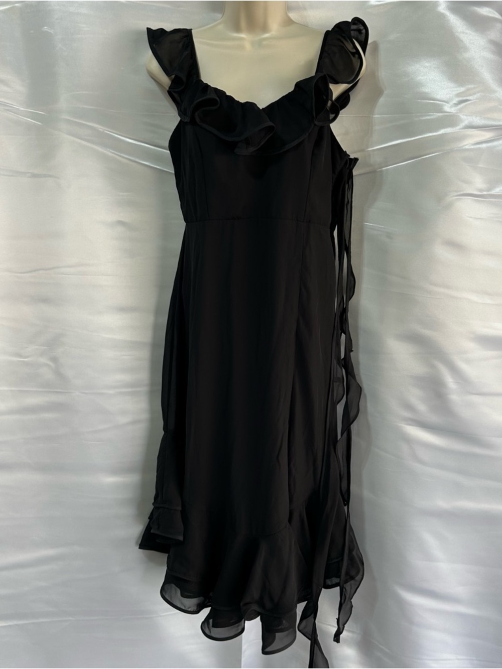 Birdie Grey LBD Little Black Dress Chiffon Ruffle Slit Lace-Up Side Detail Sz M